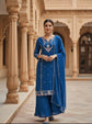 Pure Chinnon Hand Embroidered Straight Fit Suit Set With Embroidered Chinnon Palazzo Paired With Chiffon Dupatta in Royal Blue