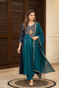 Pure Banaras Mul Chanderi Hand Embroidered A-line Suit Set With Mul Cotton Lining Paired With Mul Chanderi Dupatta in Peacock Blue