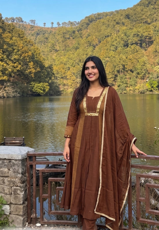 Premium Banaras Mul Chanderi Hand Embroidered A-line Suit Set With Mul Cotton Lining in Brown