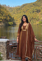 Premium Banaras Mul Chanderi Hand Embroidered A-line Suit Set With Mul Cotton Lining in Brown