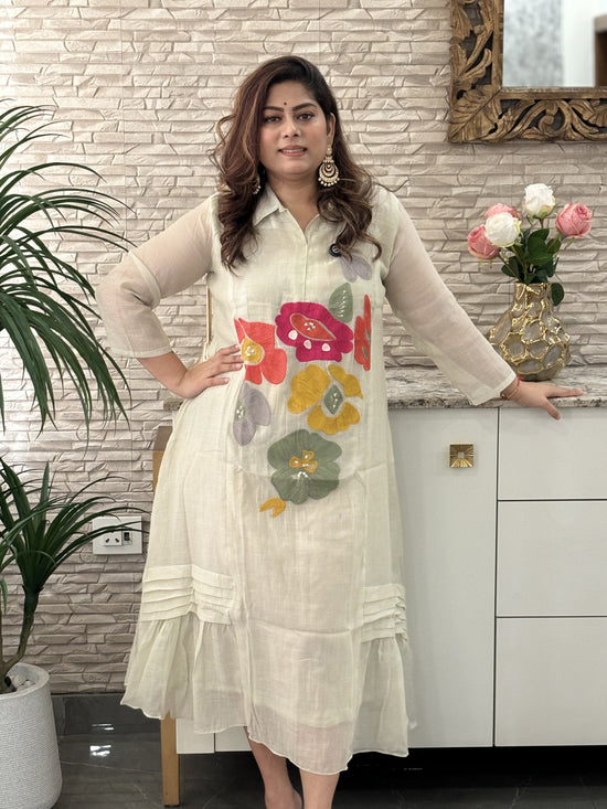 Premium Banaras Mul Chanderi Embroidered A-line Dress With Mul Cotton Lining in Mint Green