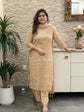 Pure Crush Cotton Hand Embroidered Straight Fit Suit Set With Mul Cotton Lining in Light Brown