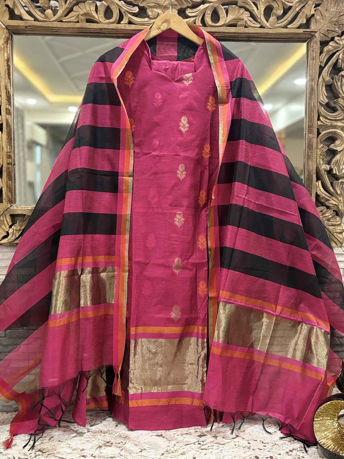 banarsi-silk-jamdani-a-line-suit-set-with-cotton-lining-paired-with-silk-striped-dupatta-rani-1