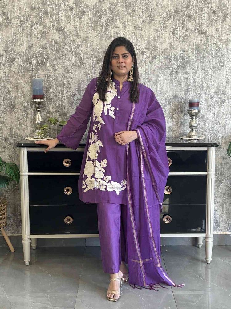 chanderi-appliquÃ©-work-hand-embroidered-short-kurta-style-suit-set-purple-1