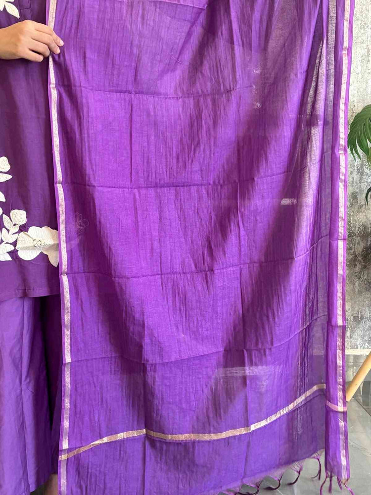 chanderi-appliquÃ©-work-hand-embroidered-short-kurta-style-suit-set-purple-4