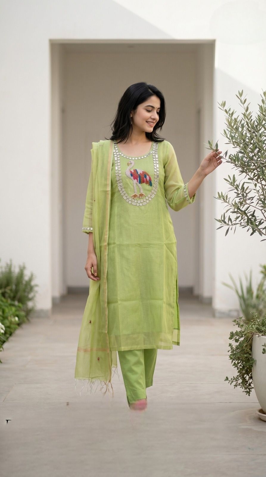 chanderi-kota-check-straight-fit-hand-embroidered-suit-set-with-lining-green-1