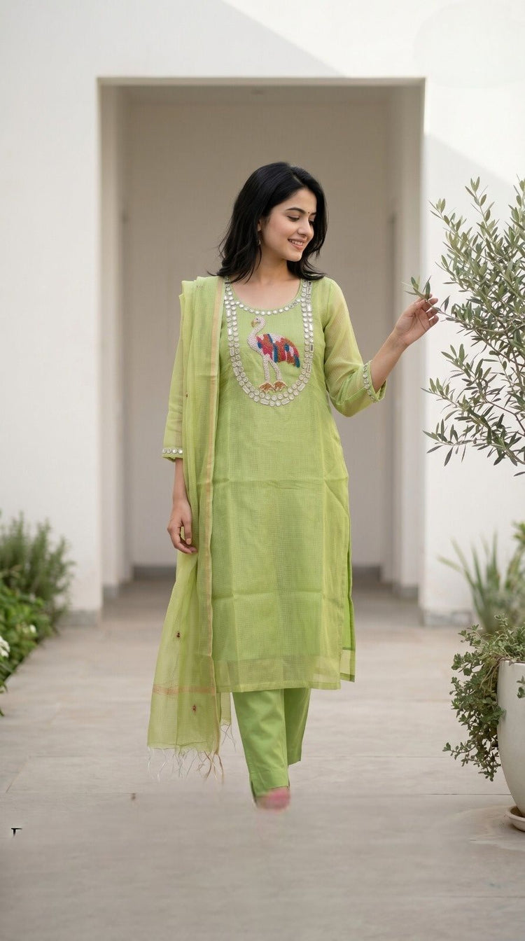 chanderi-kota-check-straight-fit-hand-embroidered-suit-set-with-lining-green-1