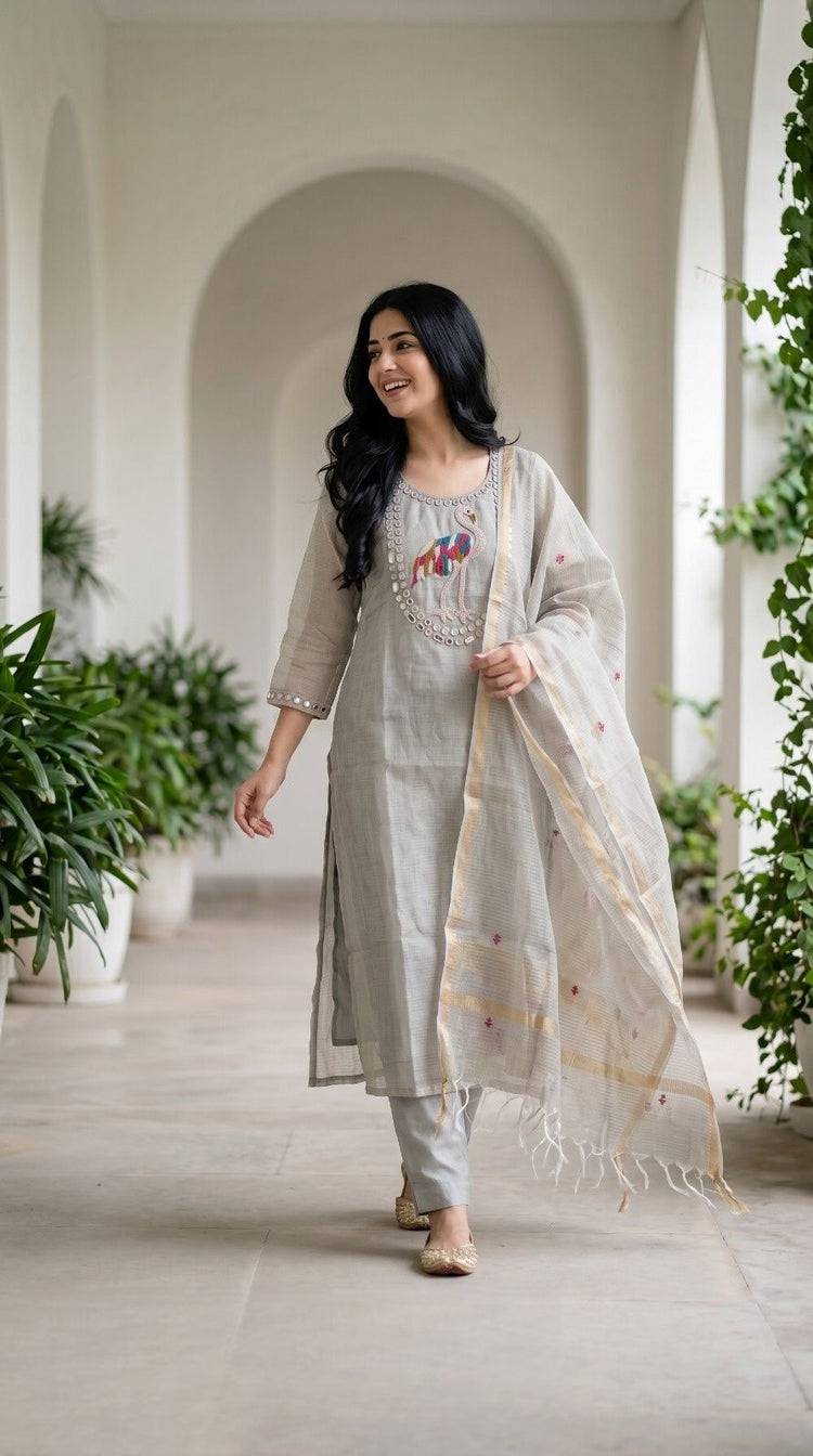 chanderi-kota-check-straight-fit-hand-embroidered-suit-set-with-lining-grey-1