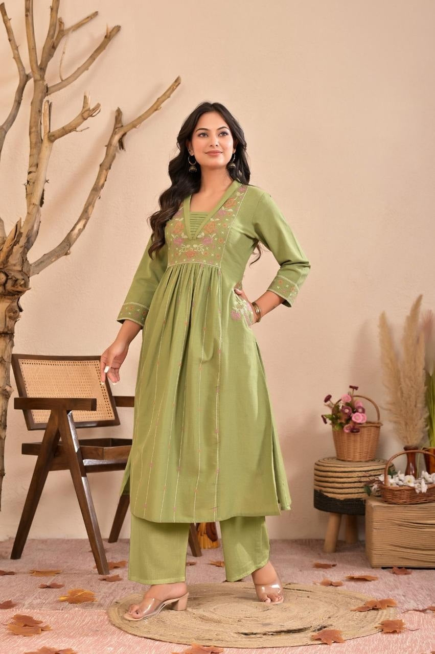 cotton-flex-a-line-cross-stitch-embroidered-pant-set-with-pockets-green-1