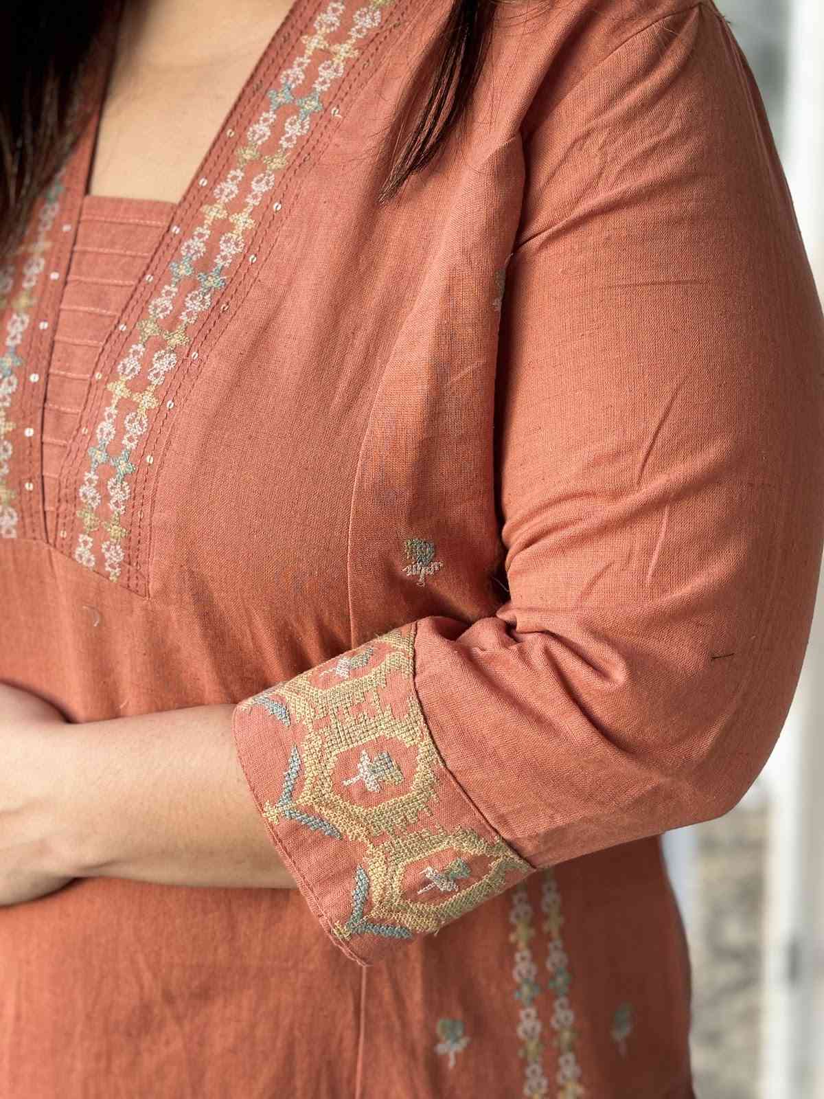 cotton-flex-embroidered-pant-set-rust-3