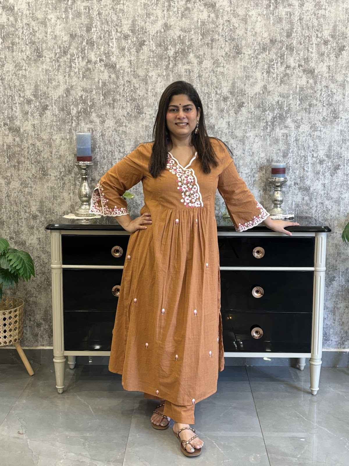 cotton-slub-embroidered-pant-set-with-lining-rust-brown-1