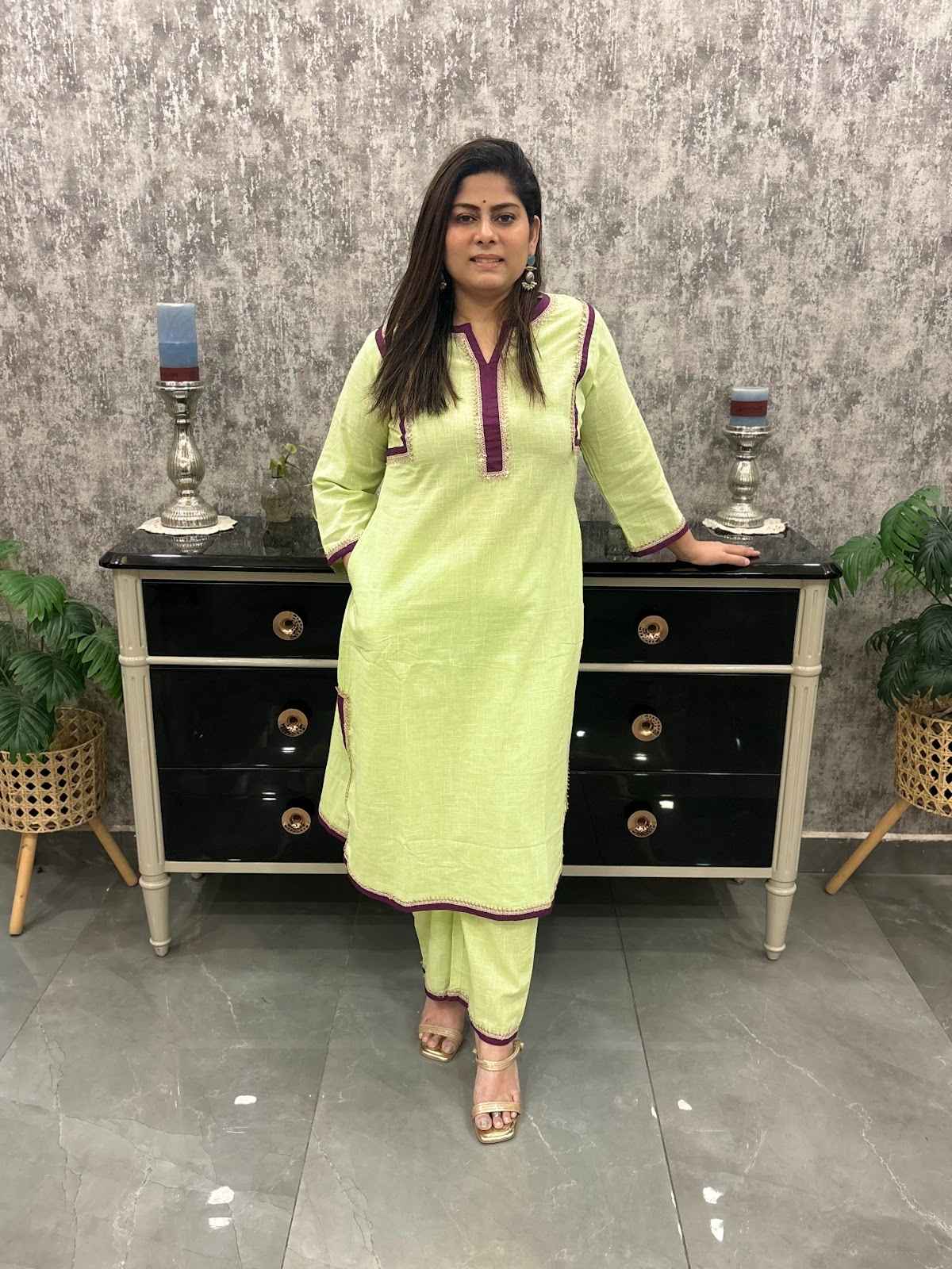 cotton-slub-lace-panelled-pant-set-green-1