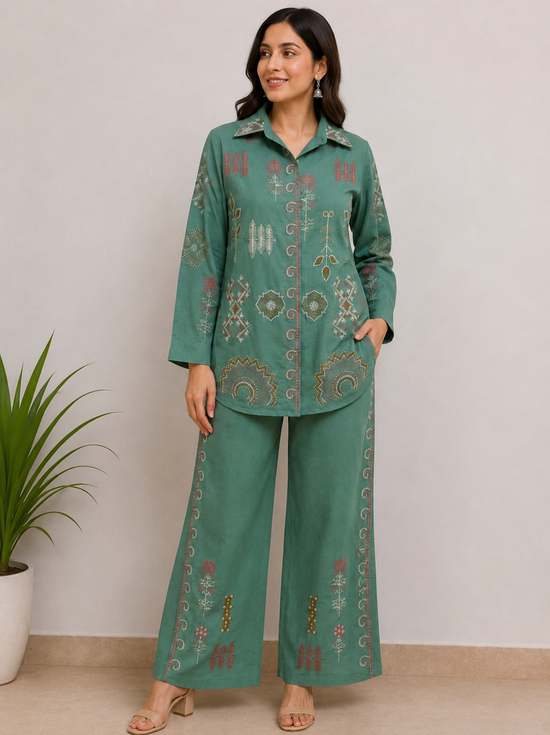 Premium Soft Cotton Flex Fully Embroidered Co-ord Set in Olive