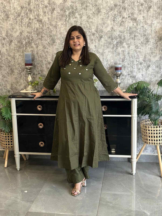 hand-embroidered-mirror-work-anarkali-style-pant-set-olive-green-1