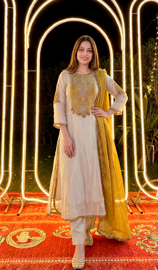 Pure Tissue A-line Embroidered Suit Set With Mul Cotton Lining in Beige