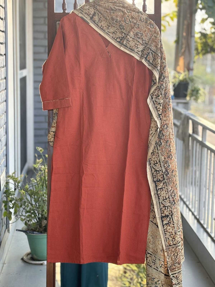 khadi-cotton-straight-fit-suit-set-with-kalamkari-dupatta-rust-1