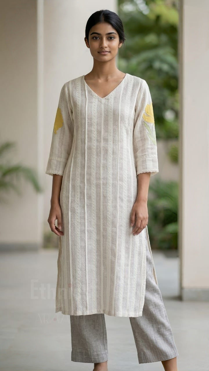 khadi-linen-pant-set-with-applique-work-sleeves-pockets-beige-1