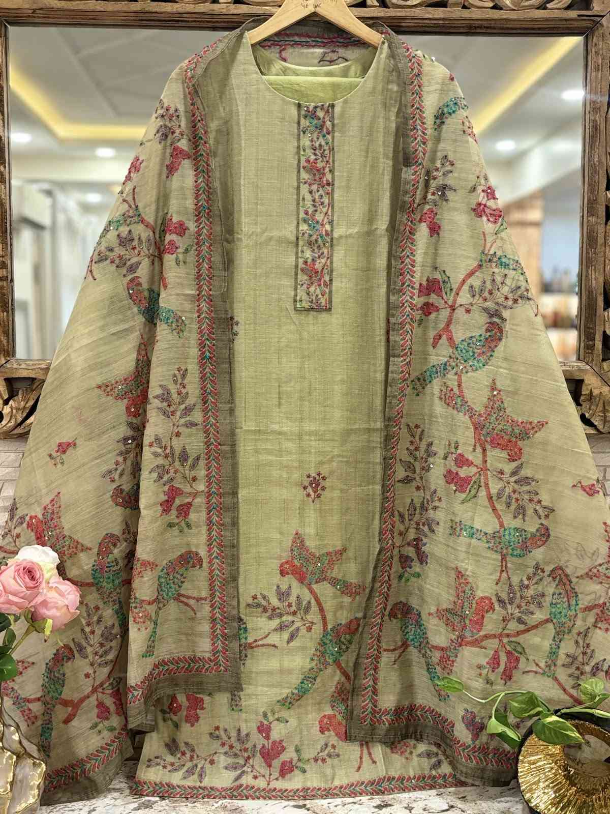 line-chanderi-hand-embroidered-kantha-work-githan-work-straight-fit-suit-set-with-mul-cotton-lining-paired-with-dupatta-with-heavy-embroidery-green-1