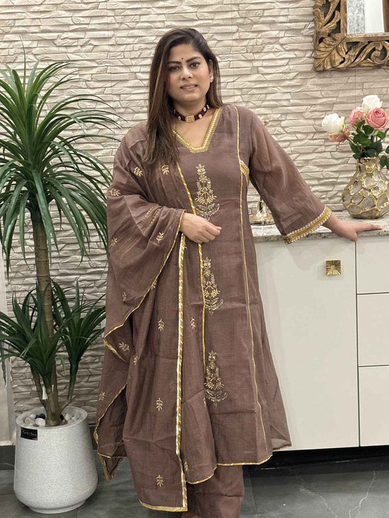 mul-chanderi-embroidered-a-line-suit-set-with-panelling-gota-work-brown-1