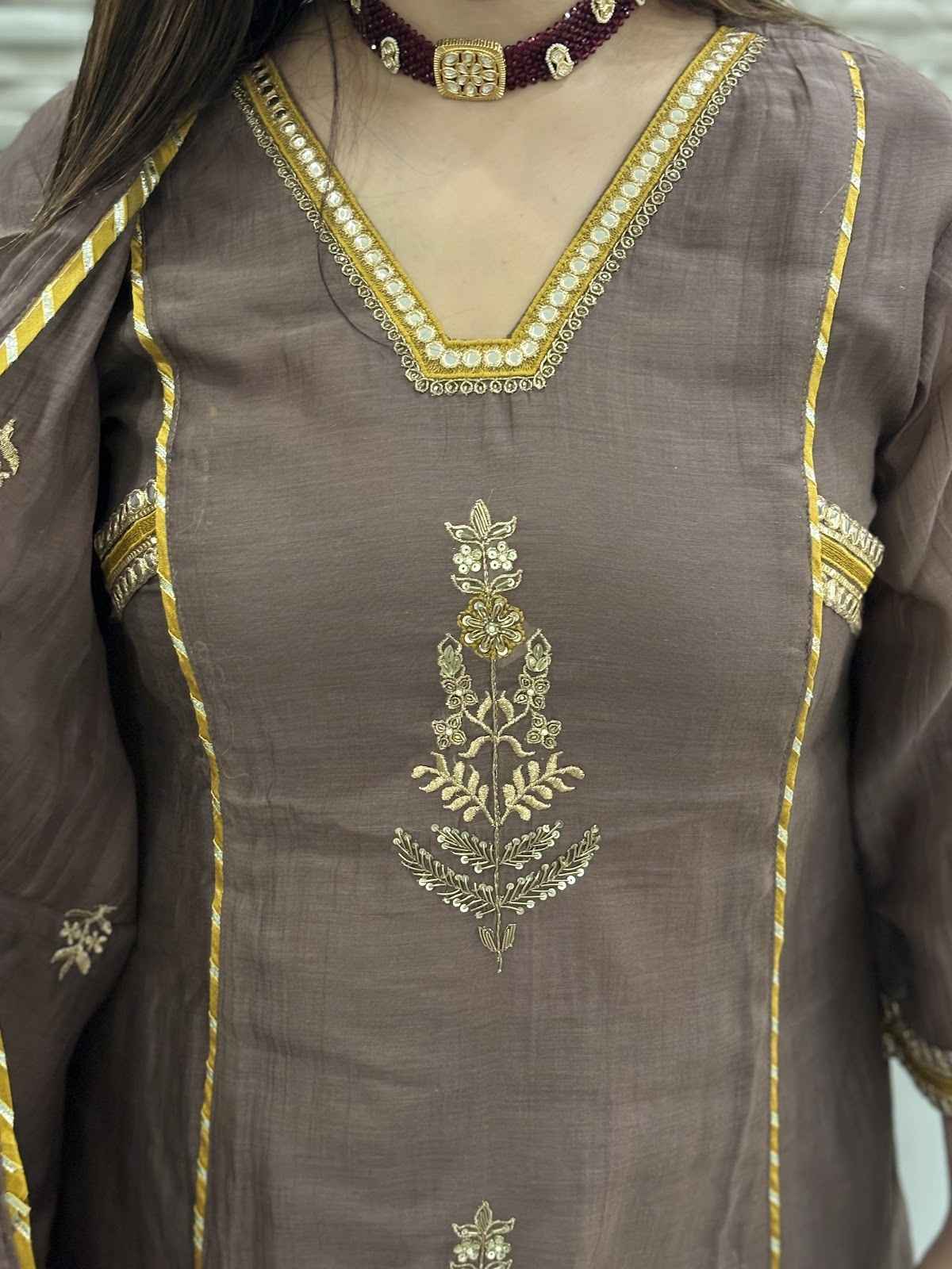 mul-chanderi-embroidered-a-line-suit-set-with-panelling-gota-work-brown-3