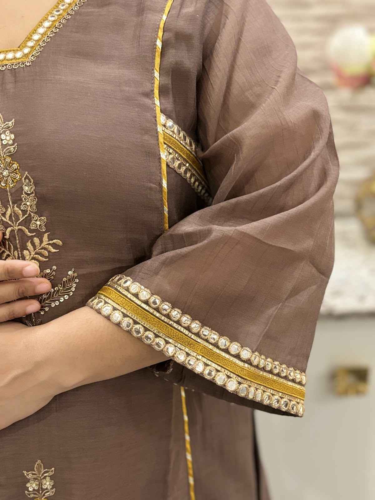 mul-chanderi-embroidered-a-line-suit-set-with-panelling-gota-work-brown-4