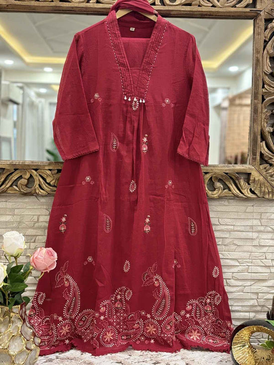 mul-cotton-a-line-embroidered-suit-set-with-mul-cotton-embroidered-dupatta-maroon-1