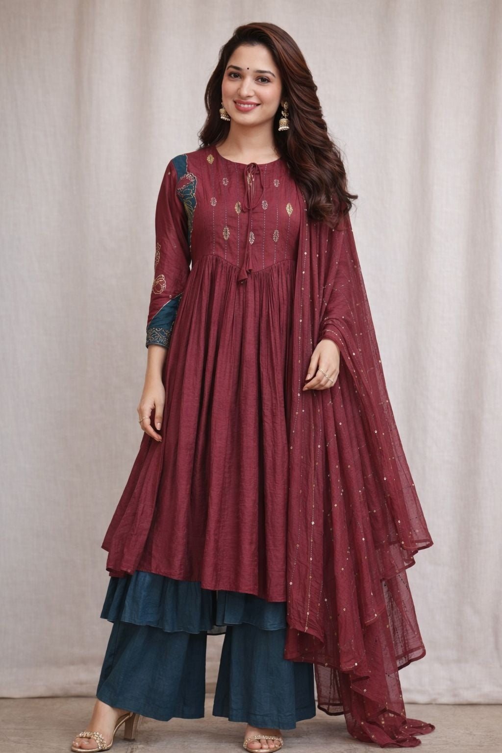 muslin-silk-layered-a-line-suit-set-with-applique-work-embroidery-maroon-1