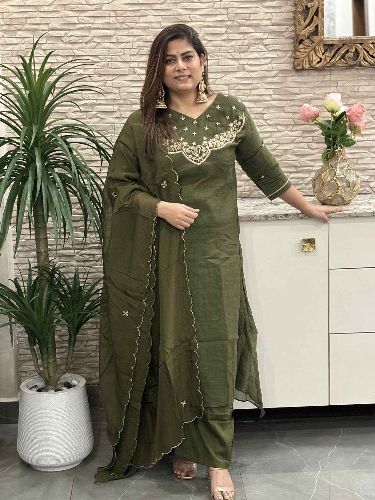 premium-banaras-mul-chandderi-hand-embroidered-a-line-suit-set-with-mul-cotton-lining-colour-rani-mehendi-green-1