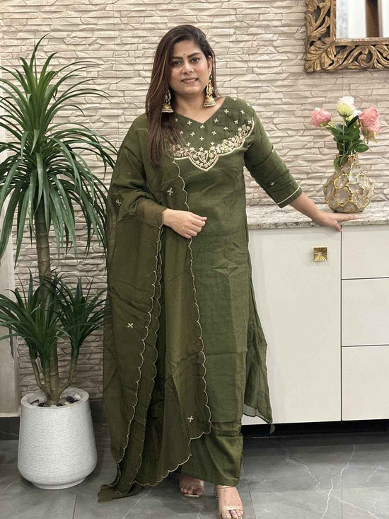 premium-banaras-mul-chandderi-hand-embroidered-a-line-suit-set-with-mul-cotton-lining-colour-rani-mehendi-green-1