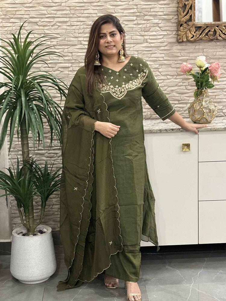 premium-banaras-mul-chandderi-hand-embroidered-a-line-suit-set-with-mul-cotton-lining-colour-rani-mehendi-green-1