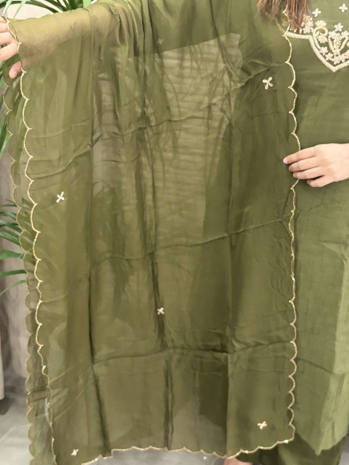 premium-banaras-mul-chandderi-hand-embroidered-a-line-suit-set-with-mul-cotton-lining-colour-rani-mehendi-green-4
