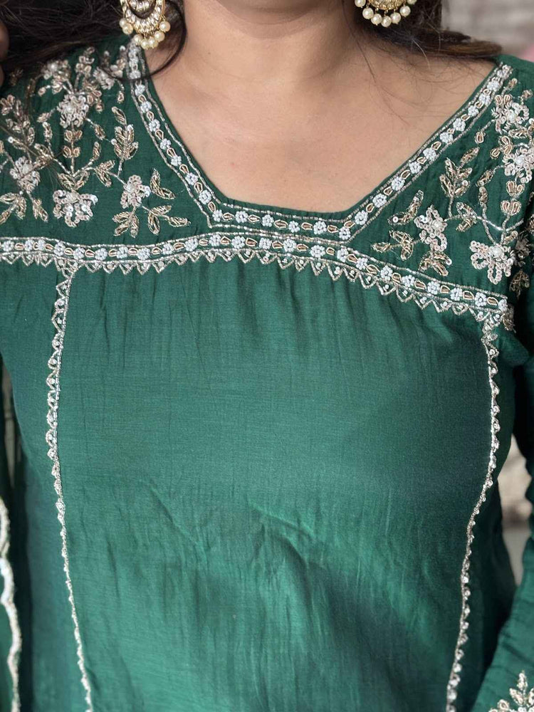 premium-banaras-mul-chanderi-a-line-hand-embroidered-suit-set-paired-with-organza-dupatta-bottle-green-2