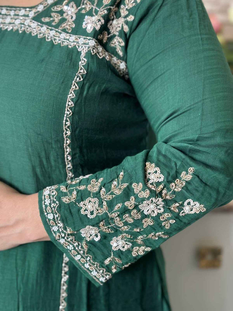 premium-banaras-mul-chanderi-a-line-hand-embroidered-suit-set-paired-with-organza-dupatta-bottle-green-3