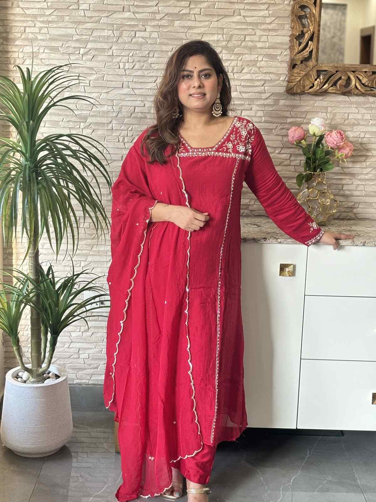 premium-banaras-mul-chanderi-a-line-hand-embroidered-suit-set-paired-with-organza-dupatta-maroon-2