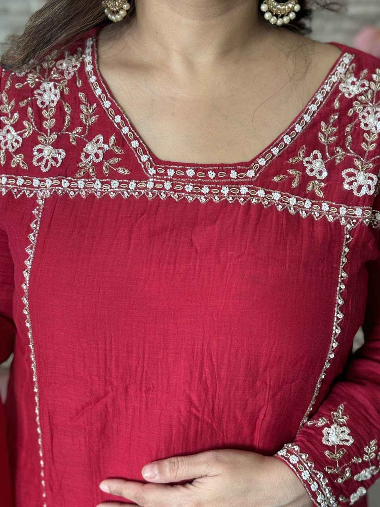 premium-banaras-mul-chanderi-a-line-hand-embroidered-suit-set-paired-with-organza-dupatta-maroon-3