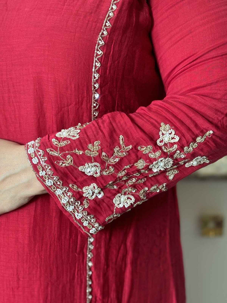 premium-banaras-mul-chanderi-a-line-hand-embroidered-suit-set-paired-with-organza-dupatta-maroon-4