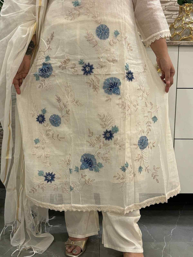 premium-banaras-mul-chanderi-applique-zari-embroidered-a-line-suit-set-paired-with-applique-work-mul-chanderi-dupatta-off-white-and-blue-3