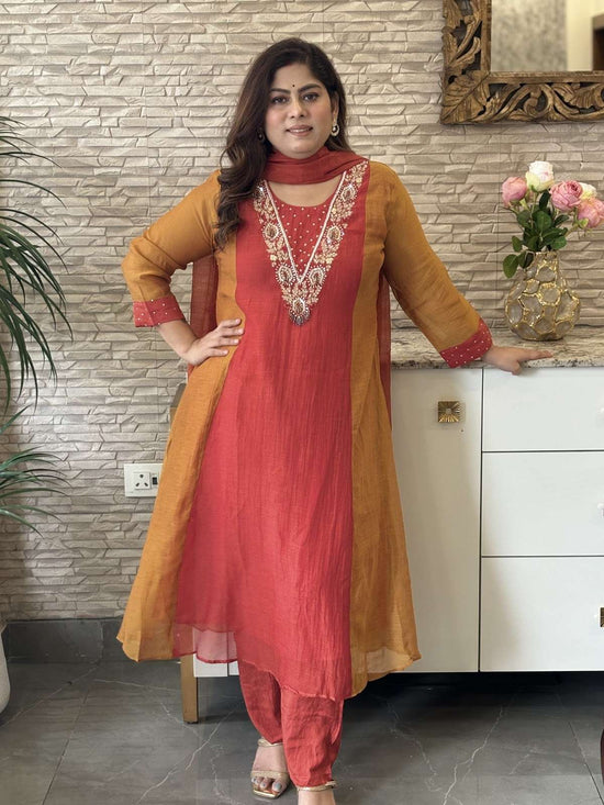premium-banaras-mul-chanderi-hand-embroidered-a-line-block-suit-set-with-mul-cotton-lining-rust-1