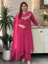 premium-banaras-mul-chanderi-hand-embroidered-a-line-suit-set-with-mul-cotton-lining-colour-rani-1