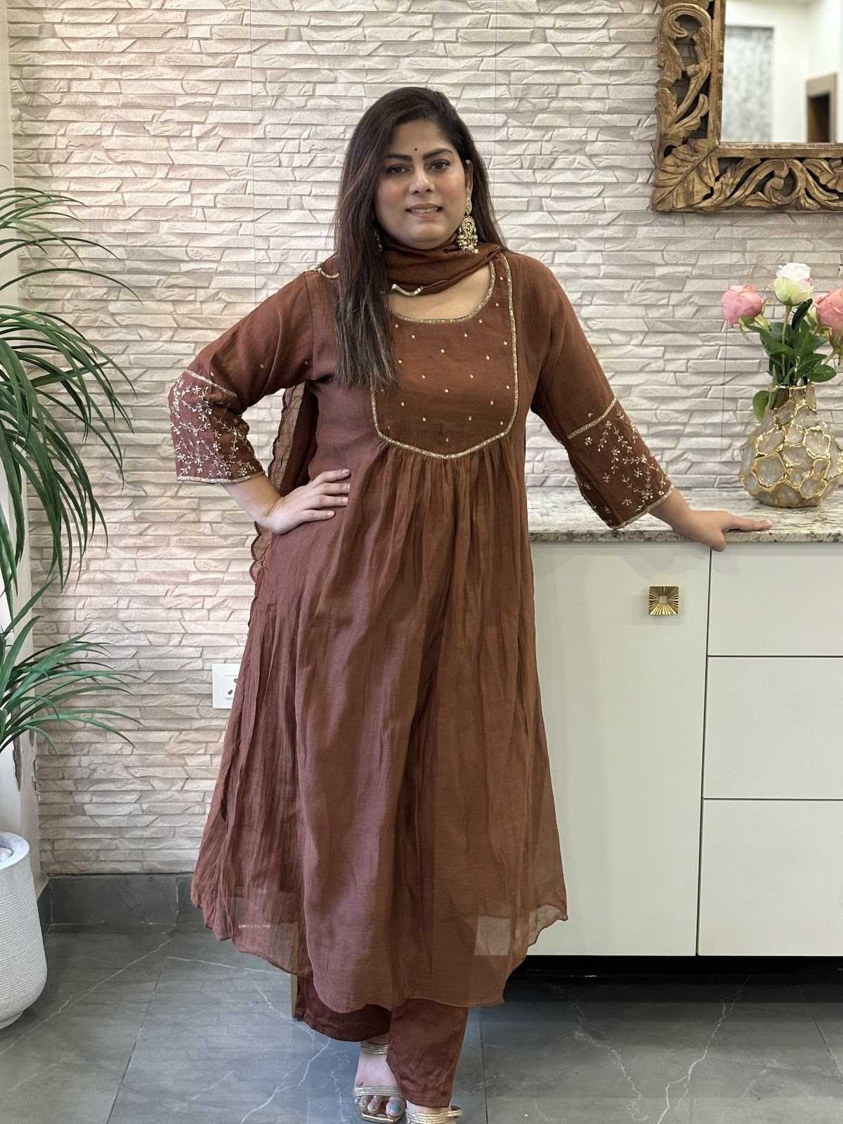premium-banaras-mul-chanderi-hand-embroidered-a-line-suit-set-with-mul-cotton-lining-embroidered-pure-organza-dupatta-brown-1