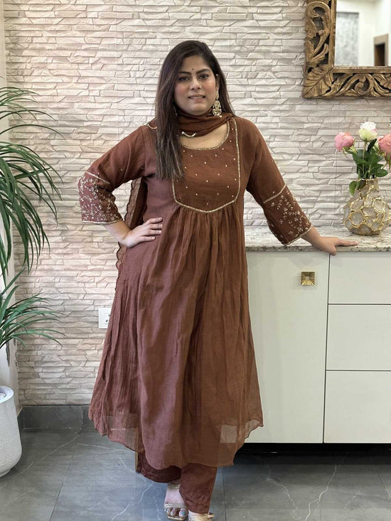 premium-banaras-mul-chanderi-hand-embroidered-a-line-suit-set-with-mul-cotton-lining-embroidered-pure-organza-dupatta-brown-1
