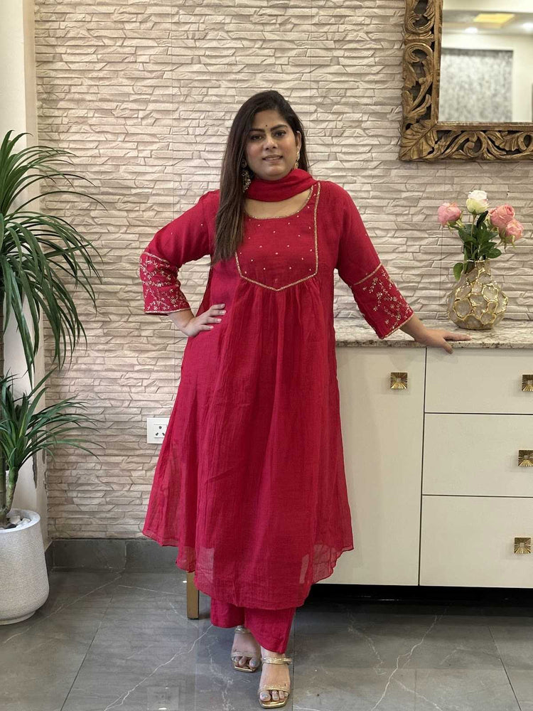 premium-banaras-mul-chanderi-hand-embroidered-a-line-suit-set-with-mul-cotton-lining-embroidered-pure-organza-dupatta-cherry-red-1
