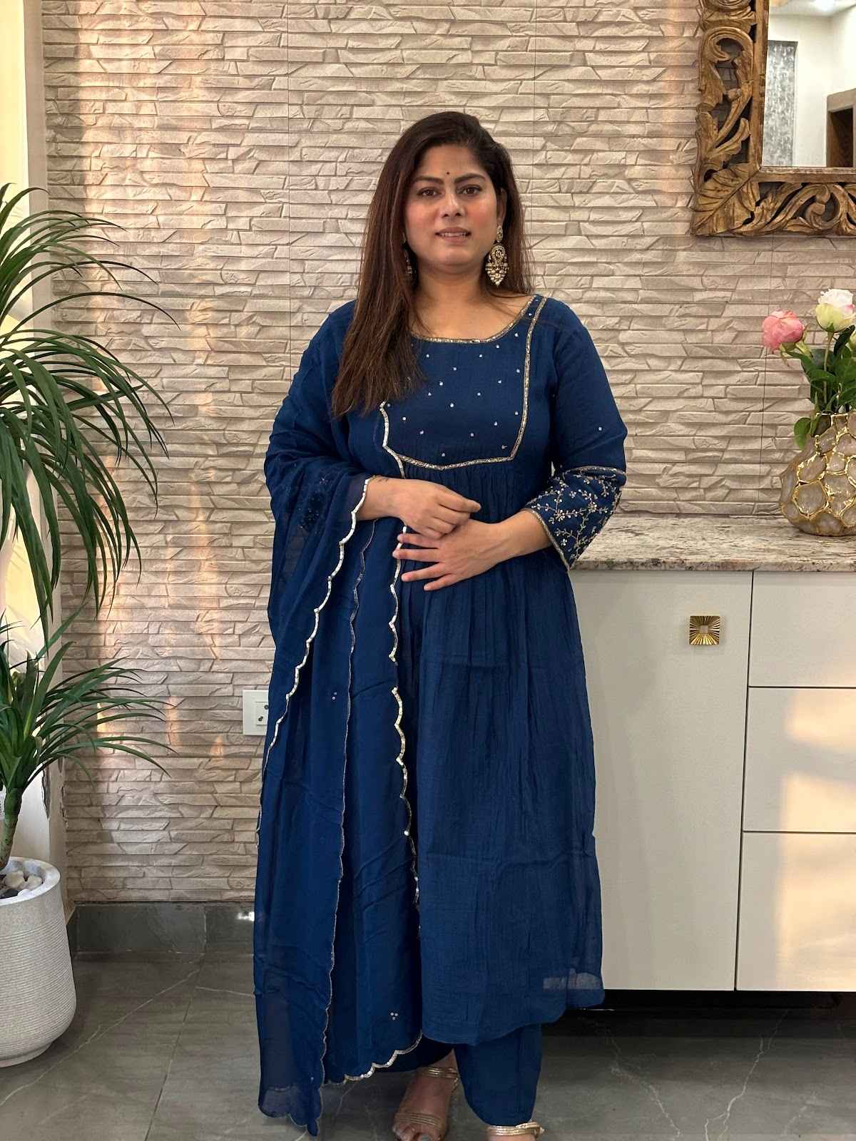 premium-banaras-mul-chanderi-hand-embroidered-a-line-suit-set-with-mul-cotton-lining-embroidered-pure-organza-dupatta-navy-blue-1