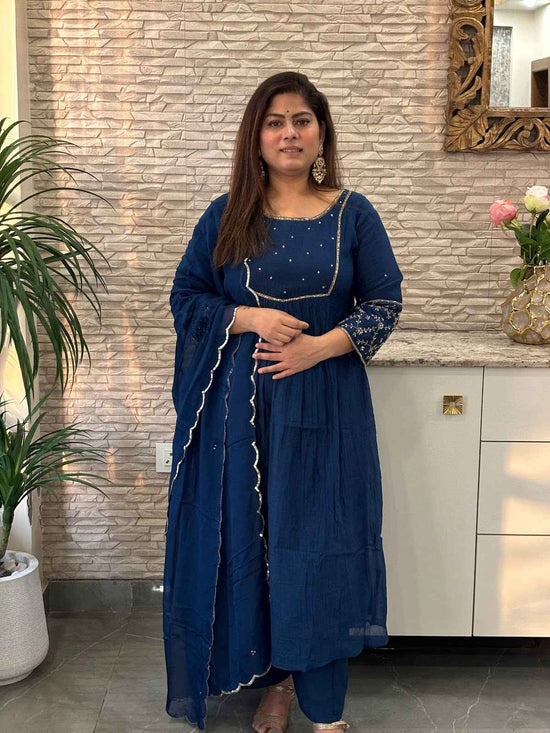 premium-banaras-mul-chanderi-hand-embroidered-a-line-suit-set-with-mul-cotton-lining-embroidered-pure-organza-dupatta-navy-blue-1