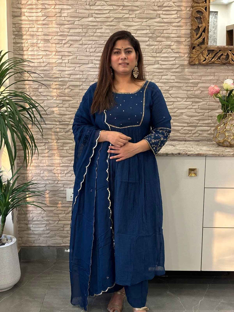 premium-banaras-mul-chanderi-hand-embroidered-a-line-suit-set-with-mul-cotton-lining-embroidered-pure-organza-dupatta-navy-blue-1