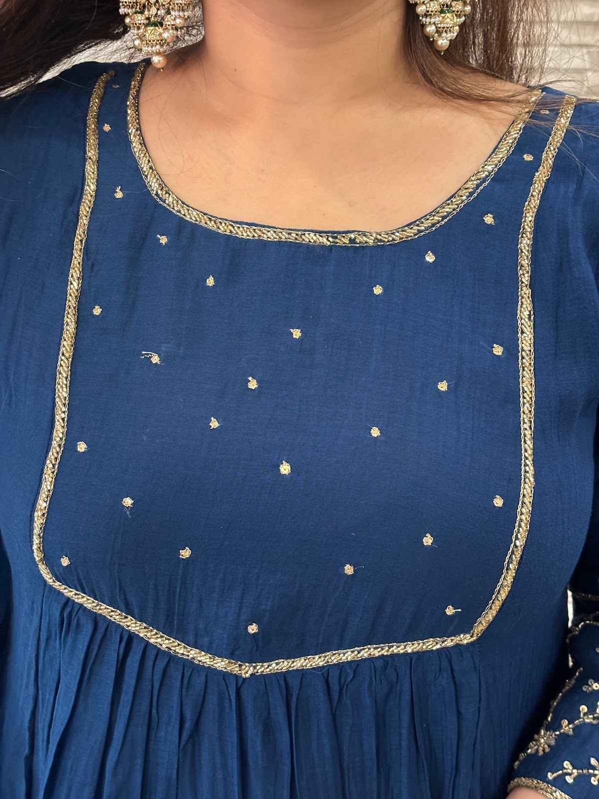 premium-banaras-mul-chanderi-hand-embroidered-a-line-suit-set-with-mul-cotton-lining-embroidered-pure-organza-dupatta-navy-blue-3