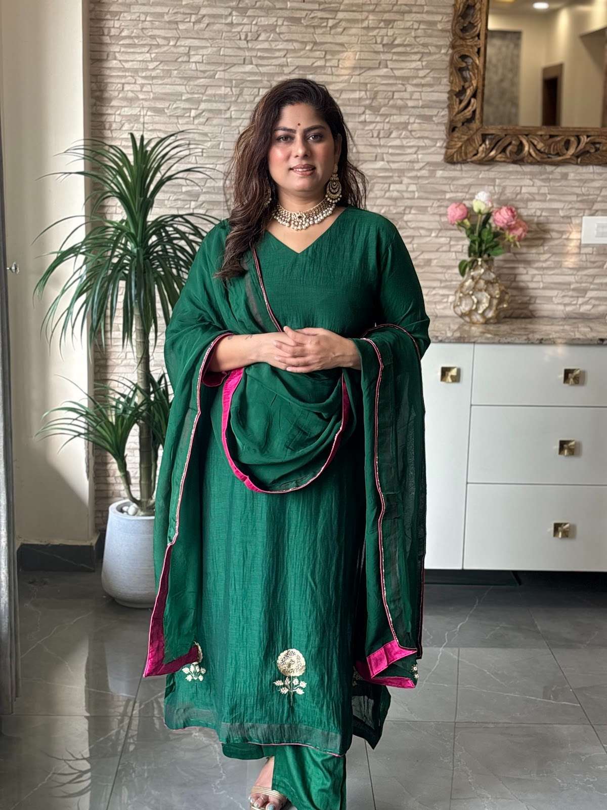 premium-banaras-mul-chanderi-hand-embroidered-a-line-suit-set-with-mul-cotton-lining-paired-with-organza-embroidered-dupatta-with-contrast-hacking-bottle-green-1