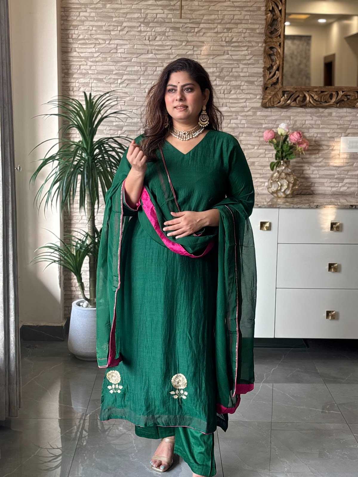 premium-banaras-mul-chanderi-hand-embroidered-a-line-suit-set-with-mul-cotton-lining-paired-with-organza-embroidered-dupatta-with-contrast-hacking-bottle-green-2