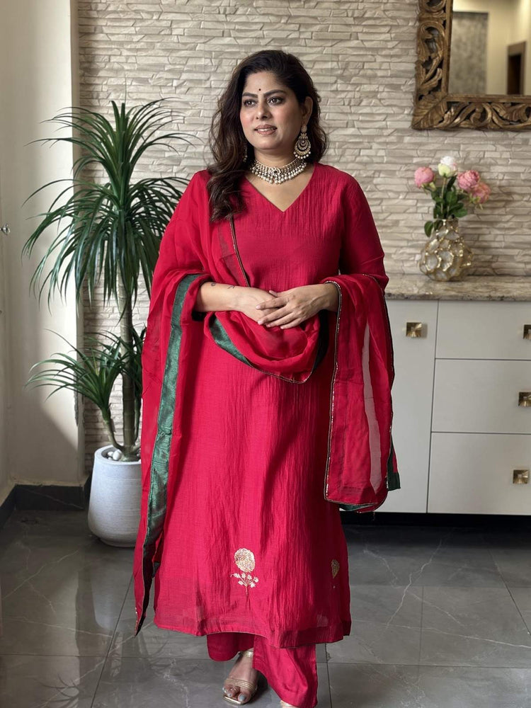 premium-banaras-mul-chanderi-hand-embroidered-a-line-suit-set-with-mul-cotton-lining-paired-with-organza-embroidered-dupatta-with-contrast-hacking-cheery-red-1