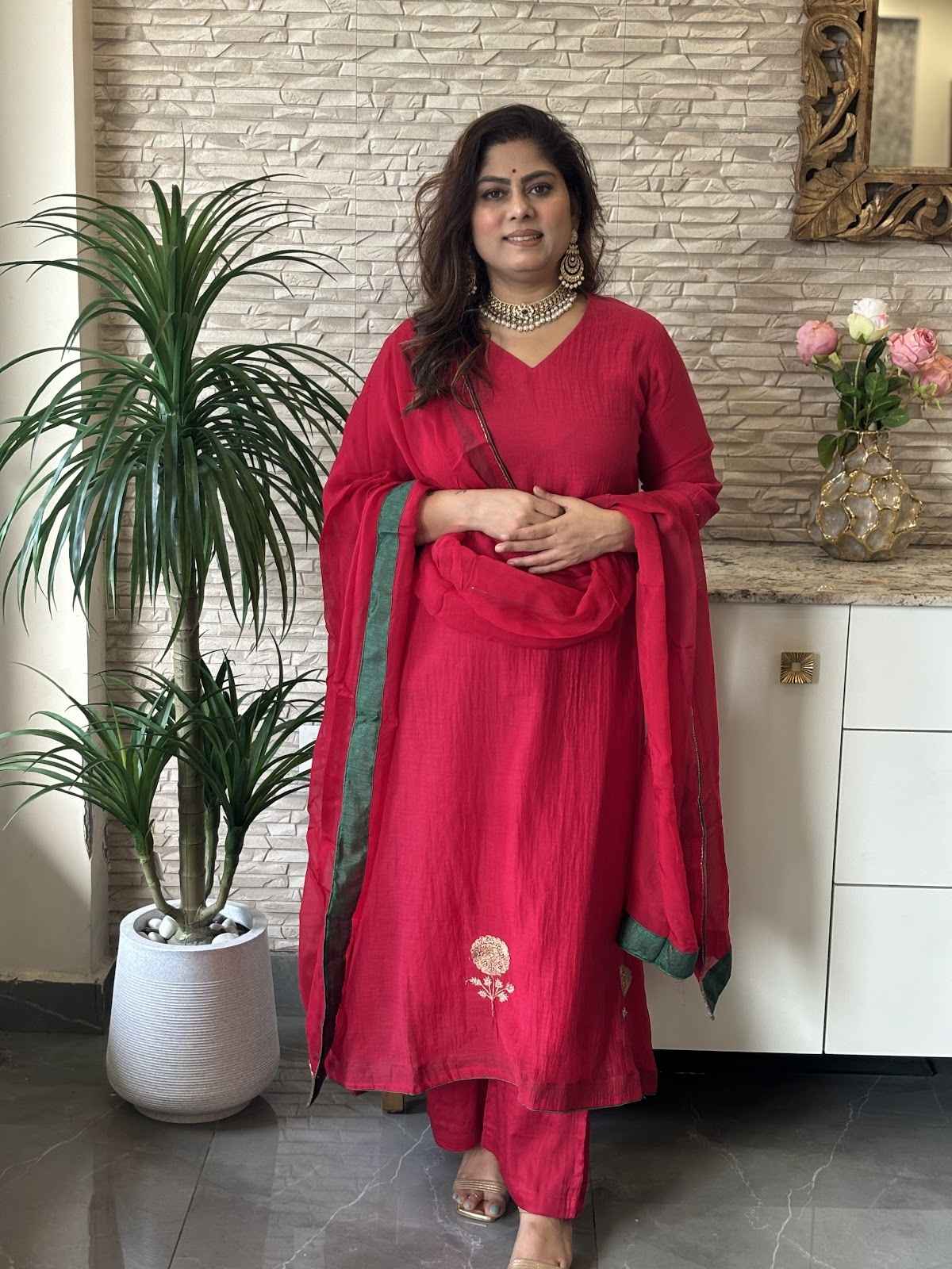 premium-banaras-mul-chanderi-hand-embroidered-a-line-suit-set-with-mul-cotton-lining-paired-with-organza-embroidered-dupatta-with-contrast-hacking-cheery-red-2